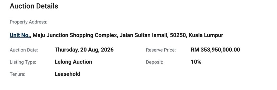 Bangunan Ikonik Maju Junction Bakal Dilelong Bulan Depan Pada Harga RM353.95 Juta